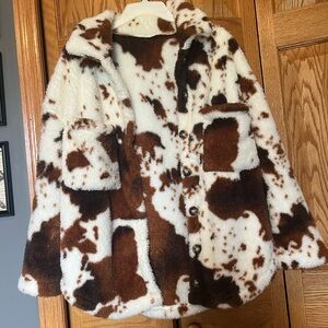 Brown and White Cowprint Faux Fur Coat